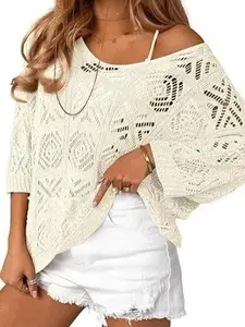 Women's  Crochet Knit Sweater – Sexy V-Neck Hollow Out Pullover Top, Lightweight 3/4 Sleeve Loose Fit Knitwear, Summer Beach Cover Up & Casual Spring Jumper