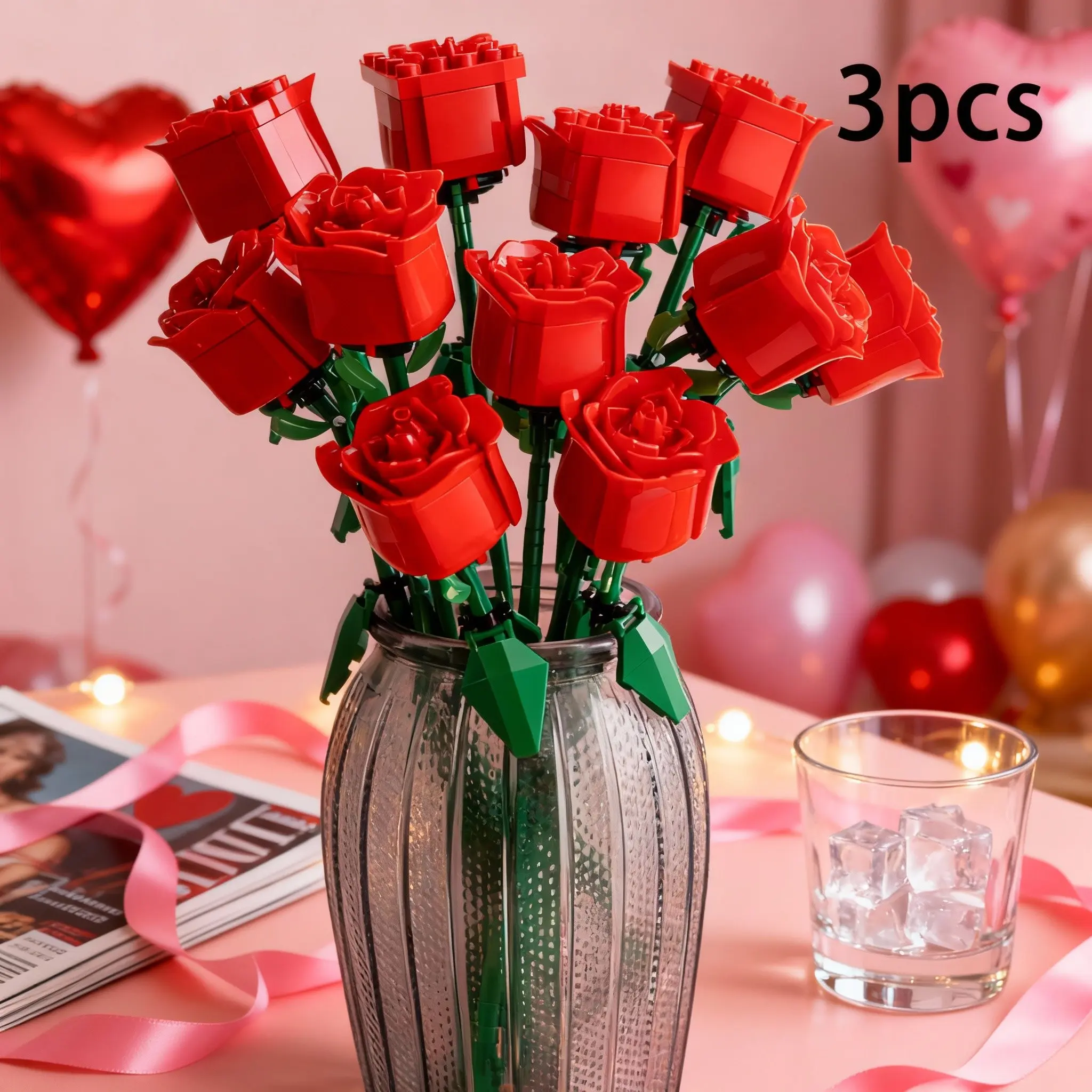Artificial Rose Building Blocks, 3counts Artificial Flower Blocks Toy, Diy Rose Building Blocks, Home Decor, Birthday Gift, Gift Ideas