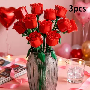 Artificial Rose Building Blocks, 3counts Artificial Flower Blocks Toy, Diy Rose Building Blocks, Home Decor, Birthday Gift, Gift Ideas