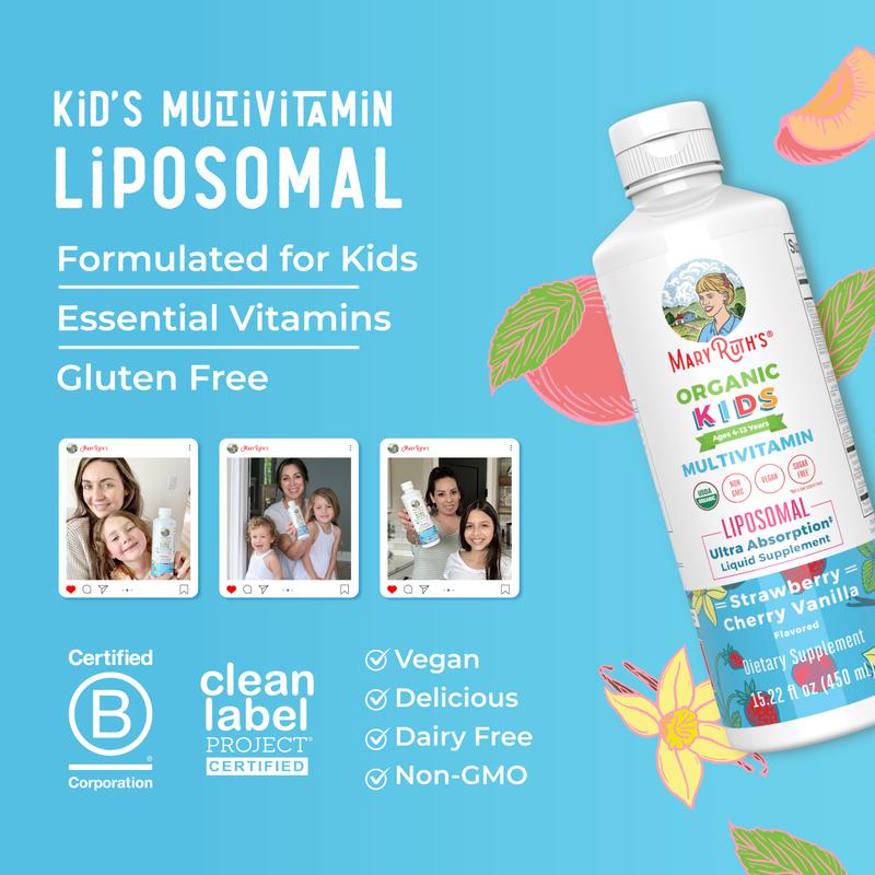 MaryRuth's USDA Organic Kids Multivitamin Liposomal - Sugar Free Liquid for Kids - Immune Support - Cognitive Health - Vegan - Non-GMO - 15.22 Oz