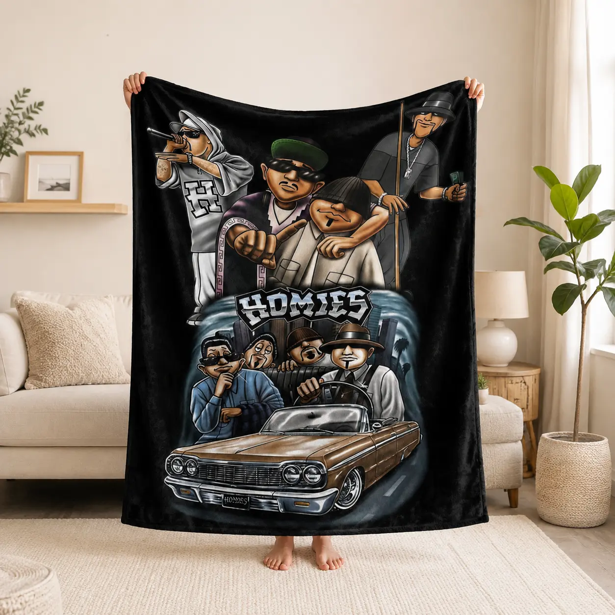 West Coast Latino Culture Low Rider Convertible Flannel Blanket, Cartoon Gang Character Graffiti Lettering Comfort Bed Blanket for Automotive Themed Interior Decor