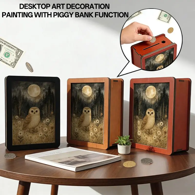 Solid Wood 3D Graphic Decor Painting Piggy Bank - Wooden Baroque Ethnic Coin Storage, Durable, Multi-Design (Owl/Butterfly/Botanical), Stylish Desktop Ornament, Warm Texture, Room Accessories, Ideal Valentine's Day Gift for Family with Blessing Meaning