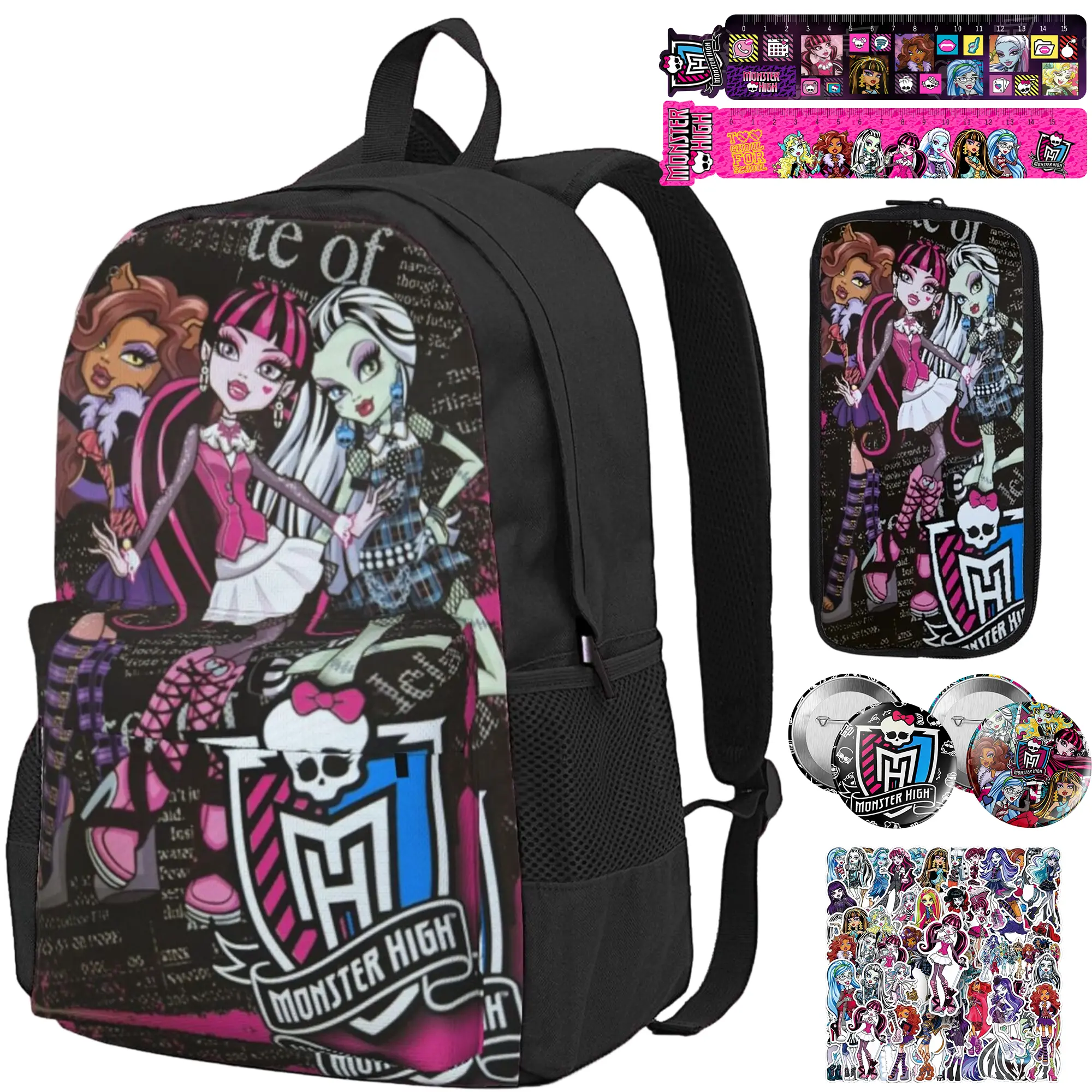 Monster High Graphic Backpack Set with Backpack, Pencil Case, 2 Rulers, 2 Badges & 10 Stickers,Monster High Doll Laptop Bookbag for Teens Girls, Monster High Merch Travel Bag, Ideal Present for Birthday Xmas Holiday Gift