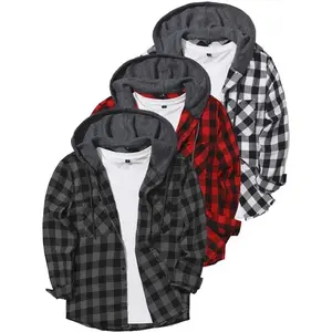 3Pack Men'S Plaid Hoodie Flannel Shirt Jacket Long Sleeve Casual Fashion Button Shirts Loose Menswear