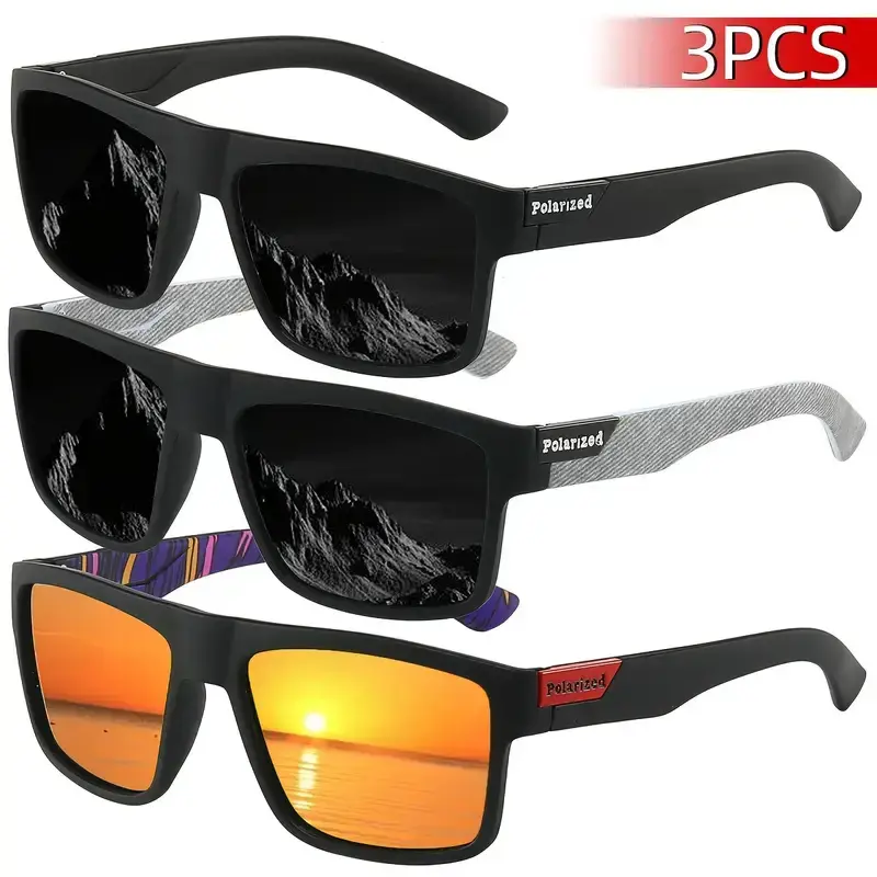 Unisex 3-Pack All Black Oversized Square Polarized Sports Glasses - UV400 Anti-Glare Lenses, Lightweight Durable Flexible Frame, Comfortable Fit for Driving, Outdoor Sports, Men's Sunglasses, Polarized Lens, Adults, Crystal-Clear Vision, Impact-Resistant,