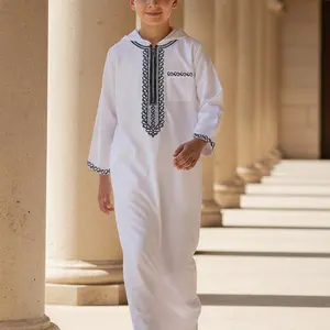 Muslim Traditional Boys' White Hooded Thobe with Black Embroidered Long Sleeves and Side Pockets | Durable Ramadan Celebration Outfit (Eid al-Fitr/Eid al-Adha), Children's Islamic Clothing, a Great Gift