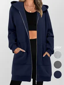 Women's Casual Long Hoodie with Zipper Solid Color Polyester Blend Machine Washable Pockets Included
