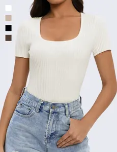 WIETRY Women Short Sleeve Tops Scoop Neck Ribbed Knit Slim Fitted Basic Tee Shirt Casual Summer Clothes 2026 Spring Outfits /W6 Womenswear
