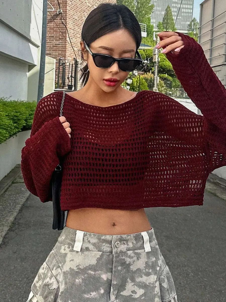 Women's Sheer Crop Sweater - Hollow Out Round Neck Drop Shoulder Oversized Pullover for Night Out