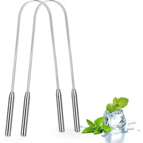 Stainless Steel Tongue Scrapers - 2-Pack Heavy-Duty Non-Toxic Curved 12.8 cm Tongue Scraping Tool for Adult Oral & Mouth Cleansing Care