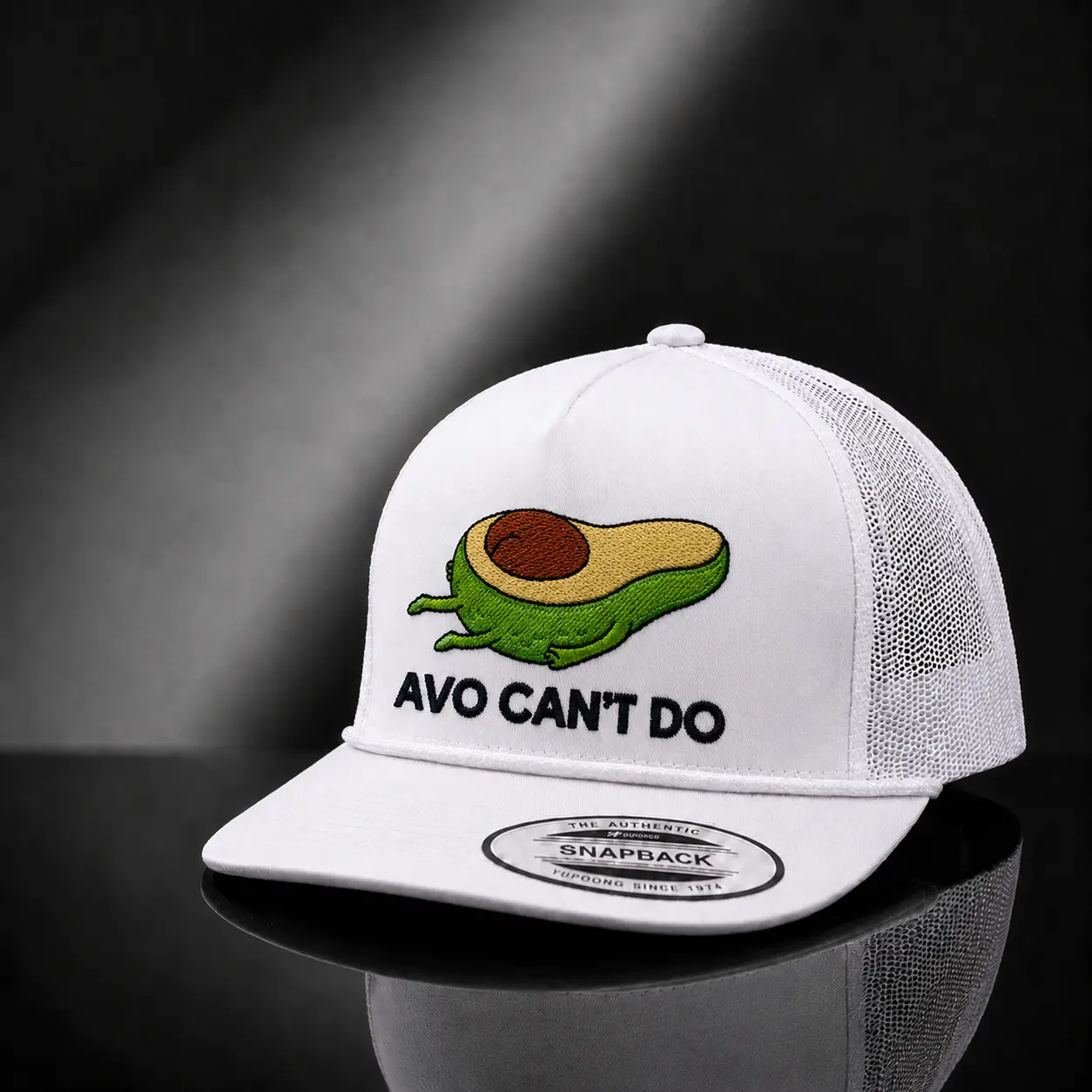 “Funny Avocado Embroidered Trucker Hat – Avo Can’t Do Meme Snapback Cap, Cute Streetwear Y2K Mesh Hat Unisex Gift”