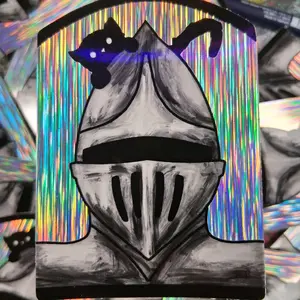 Warp holographic Whimsical Knight with peeking black kitty vinyl sticker/ Weather Proof and dishwasher safe