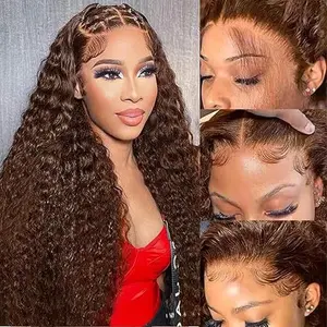 13X6 Chocolate Brown Lace Front Wig Water Wave Wet And Wavy Lace Front Wigs Human Hair Curly  Pre Plucked  Lace Front Wig Hd Lace Frontal Wig