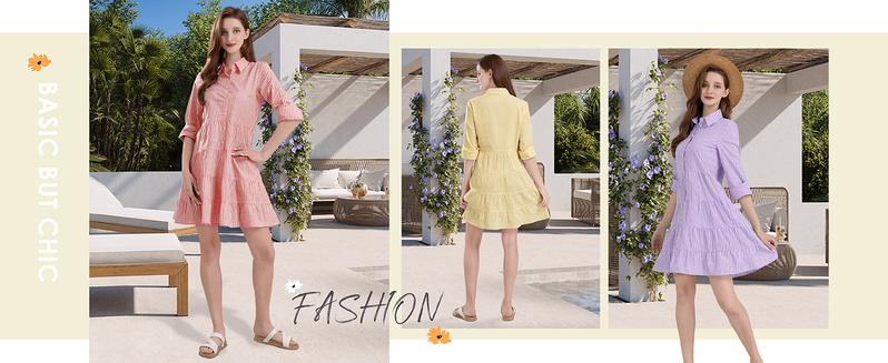 【New Arrival】Ebossy Womens Striped Button Down Midi Shirt Dress Casual Loose Cuffed Long Sleeve Mid Long Dresses