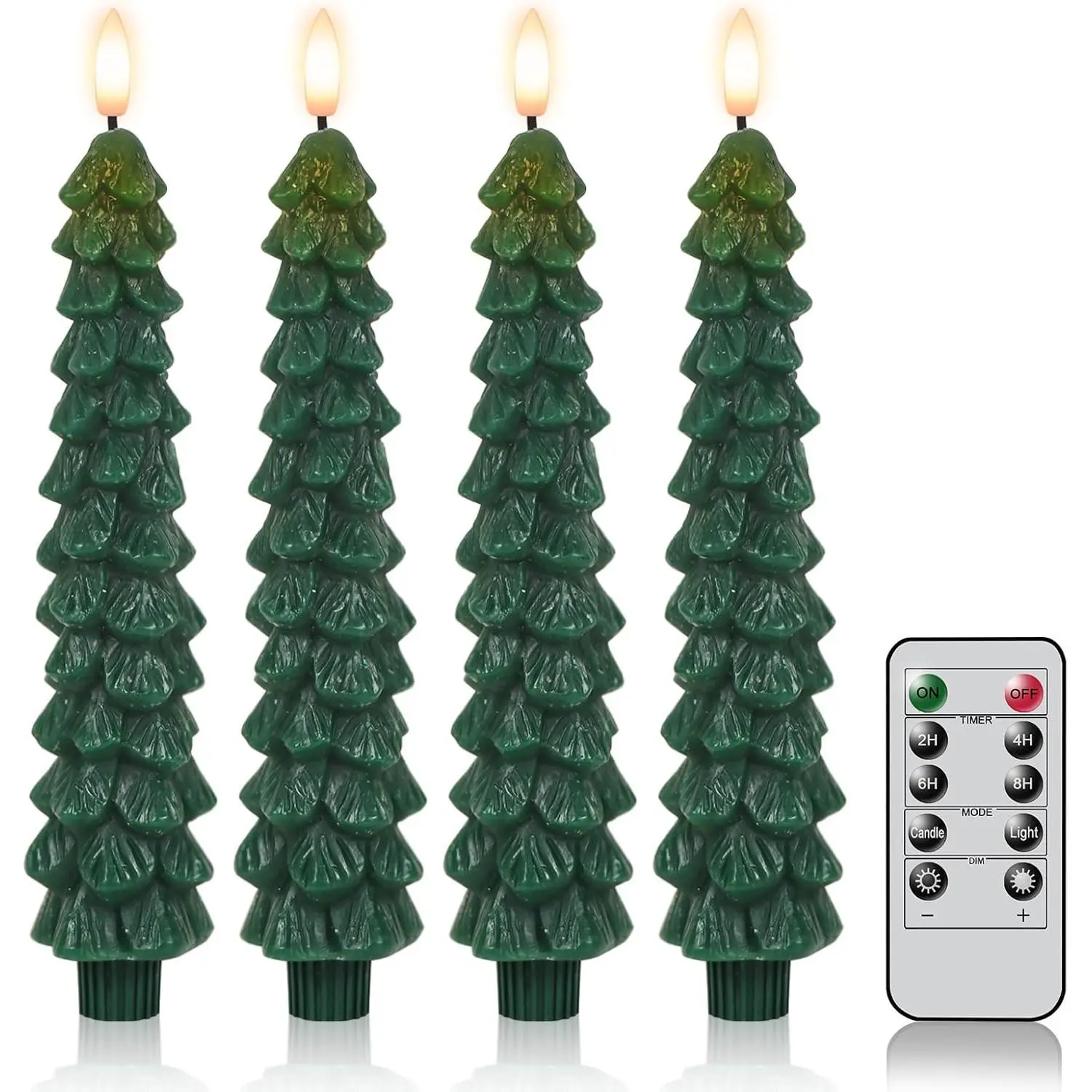 4-Piece Flameless Taper Candles with Remote & Timer, 3D Flickering Flame Real Wax LED, Pine Tree Christmas Design, 2-4-6-8hr Timer, 4 Brightness Levels, Battery Operated for Holiday Window Fireplace Table Decor