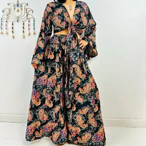 70s Recycled Silk Pant Set with Bell Sleeve Tie Top Retro Fashion