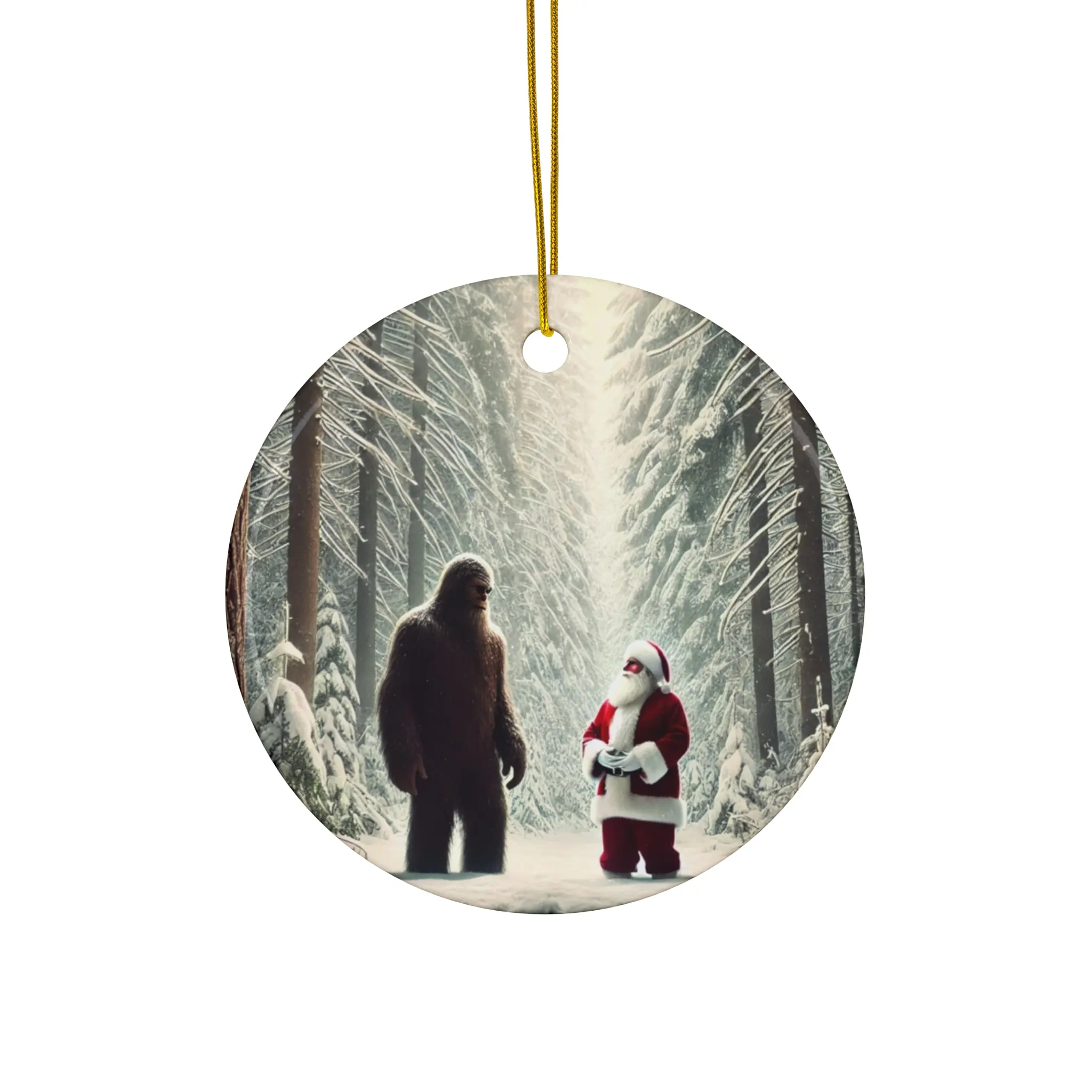 Sasquatch and Santa Ceramic Ornament