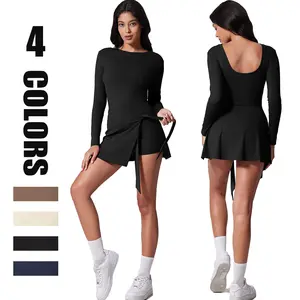 Hooyaus Women's Long Sleeve Tennis Dress with Tie Front — Built-in Shorts, Wrap Skirt Design for Golf & Athletic Training