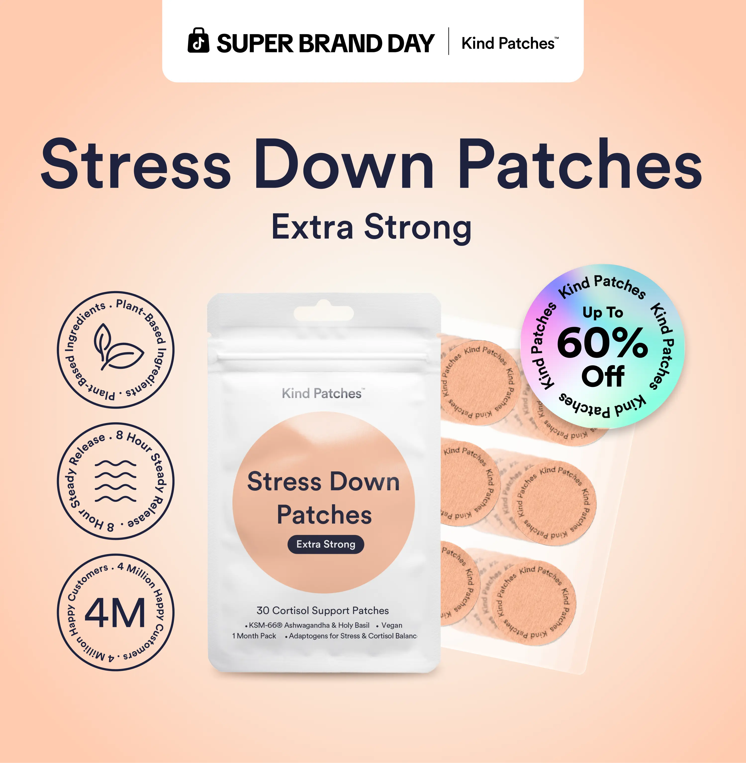 Kind Patches, Stress Down Patches Extra Strong, 30 Cortisol Support Patches, Ashwagandha, Lower Cortisol/ Stress Balance, Natural Ingredients, 1 Month Supply