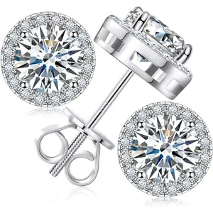 Moissanite Halo Earrings Stud Screw Back 0.2-8.0ct 3-10mm 18K White Gold Plated 925 Sterling Silver Lab Round Cut Brilliant Moissanite Halo Earrings for Women Men