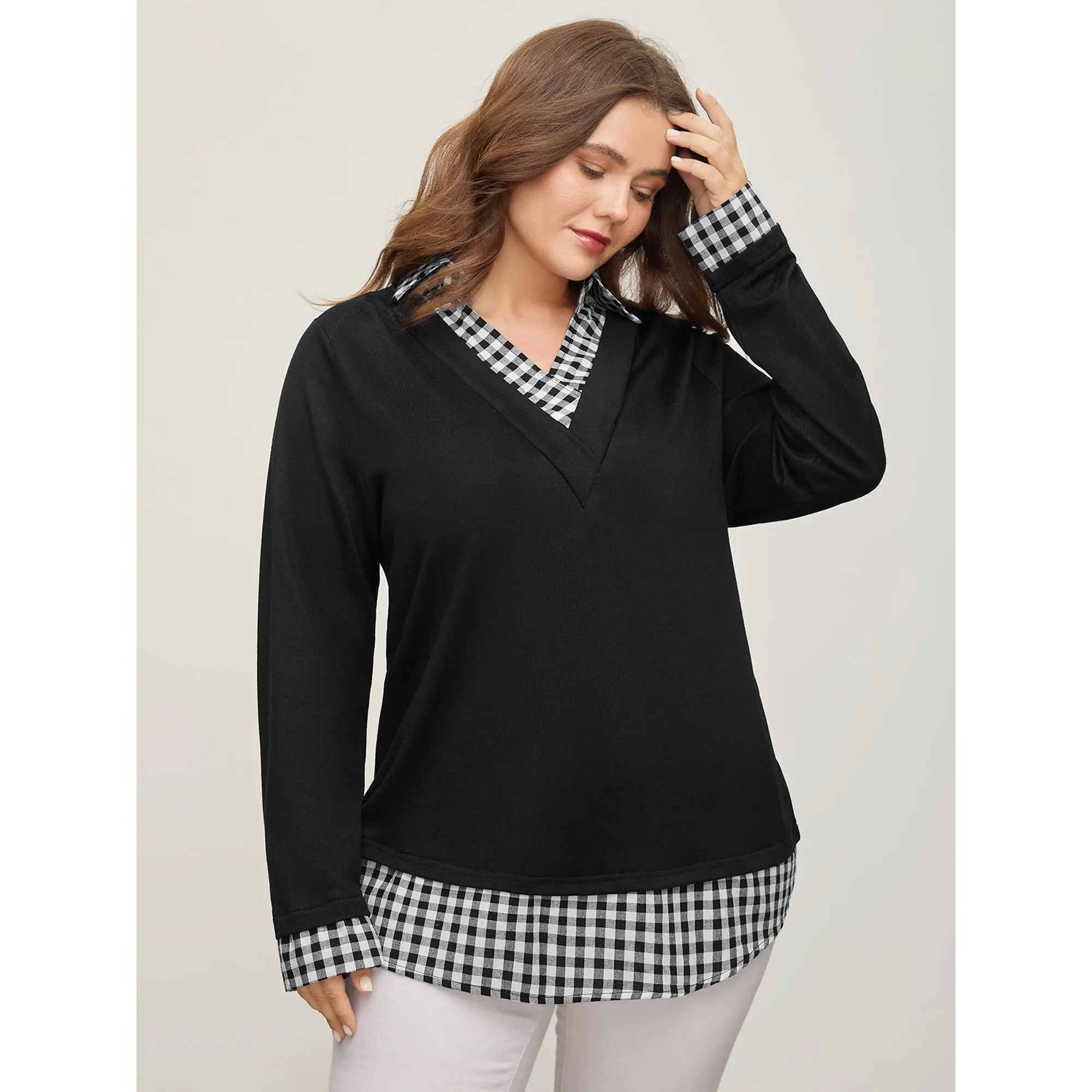 BloomChic Women's Plus Size Plaid Patchwork Pullover Sweatshirt - Collared V-Neck, Lightweight Long Sleeve, Soft Polyester-Rayon Blend Top, Low Stretch, Machine Washable, Do Not Tumble Dry, Iron at Low Temperature, Casual Flattering Fit，SohoChic