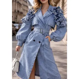 NEW $395 HIGH END Editorial Stylish Denim Trench Coat with Ruffle Sleeves