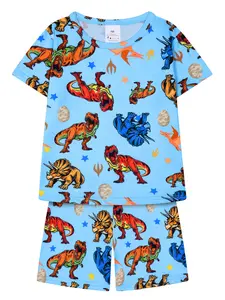 Boys Summer Air-Conditioned Sleepwear, Dinosaur Tyrannosaurus Print, Thin Breathable Short Sleeve Shorts Set, Fitted Cartoon Pajamas