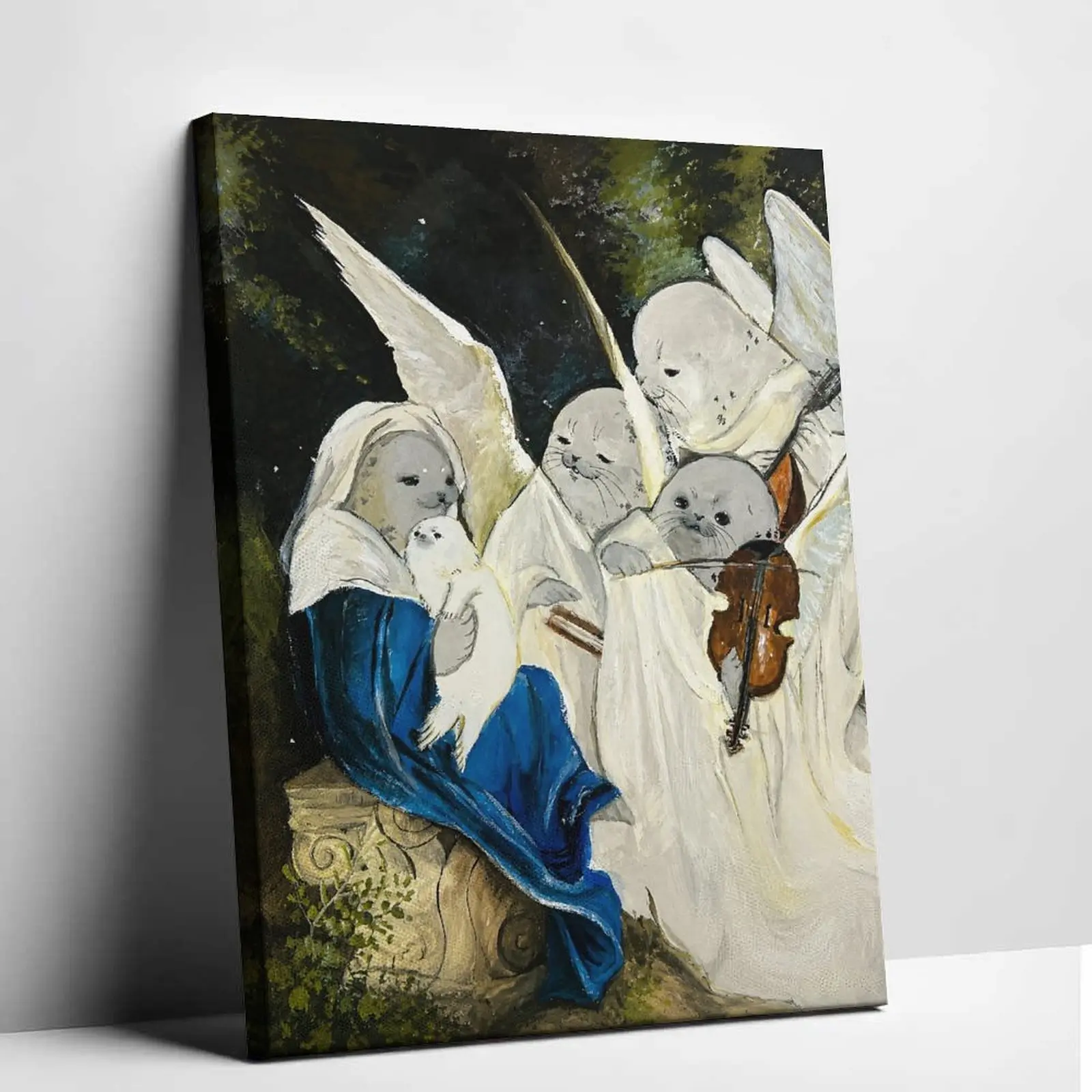 Cute Seal Angels Canvas Art Print - Famous Masterpiece Parody with Humorous Twist, Classical Oil Painting Wall Hanging, Living Room Decorations, Unique Housewarming Gift Idea