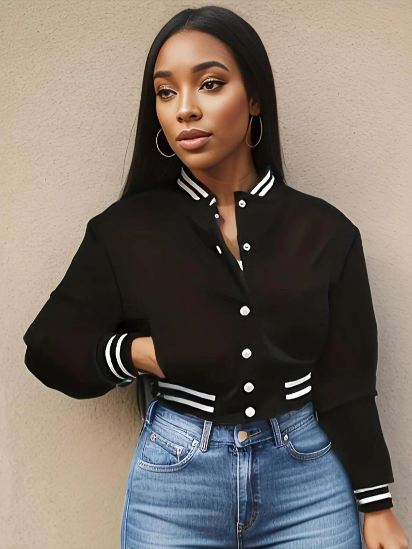 Women's Stretchy Fitted Fit Striped Trim Button Front Crop Jacket Coats Womenswear, Casual Pocket Mock Neck Long Sleeve Outerwear, Ladies Clothes Tops for Winter, Casual Fashion Outerwear