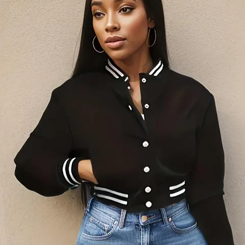 Women's Stretchy Fitted Fit Striped Trim Button Front Crop Jacket Coats Womenswear, Casual Pocket Mock Neck Long Sleeve Outerwear, Ladies Clothes Tops for Winter, Casual Style Outerwear