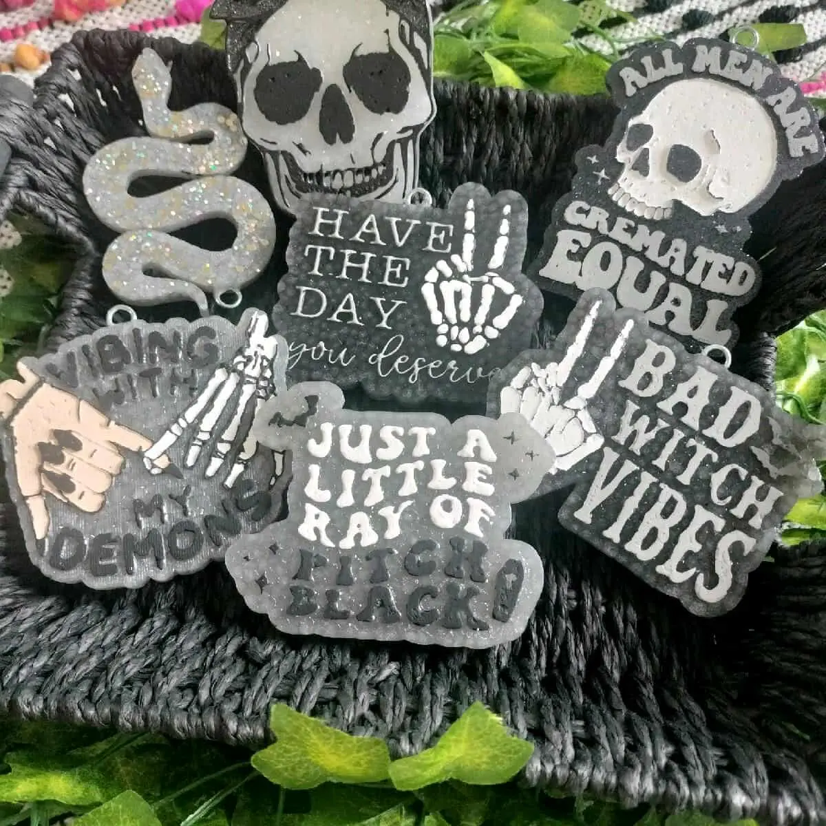Gothic Spooky Skull Black Freshener - 10" Handmade Hanging String, Ghoul Fragrance, Unique Gothic Sayings & Designs, Bad Witch Vibes, Horror Lover Gifts, Car & Home Fragrance Diffuser Accessory