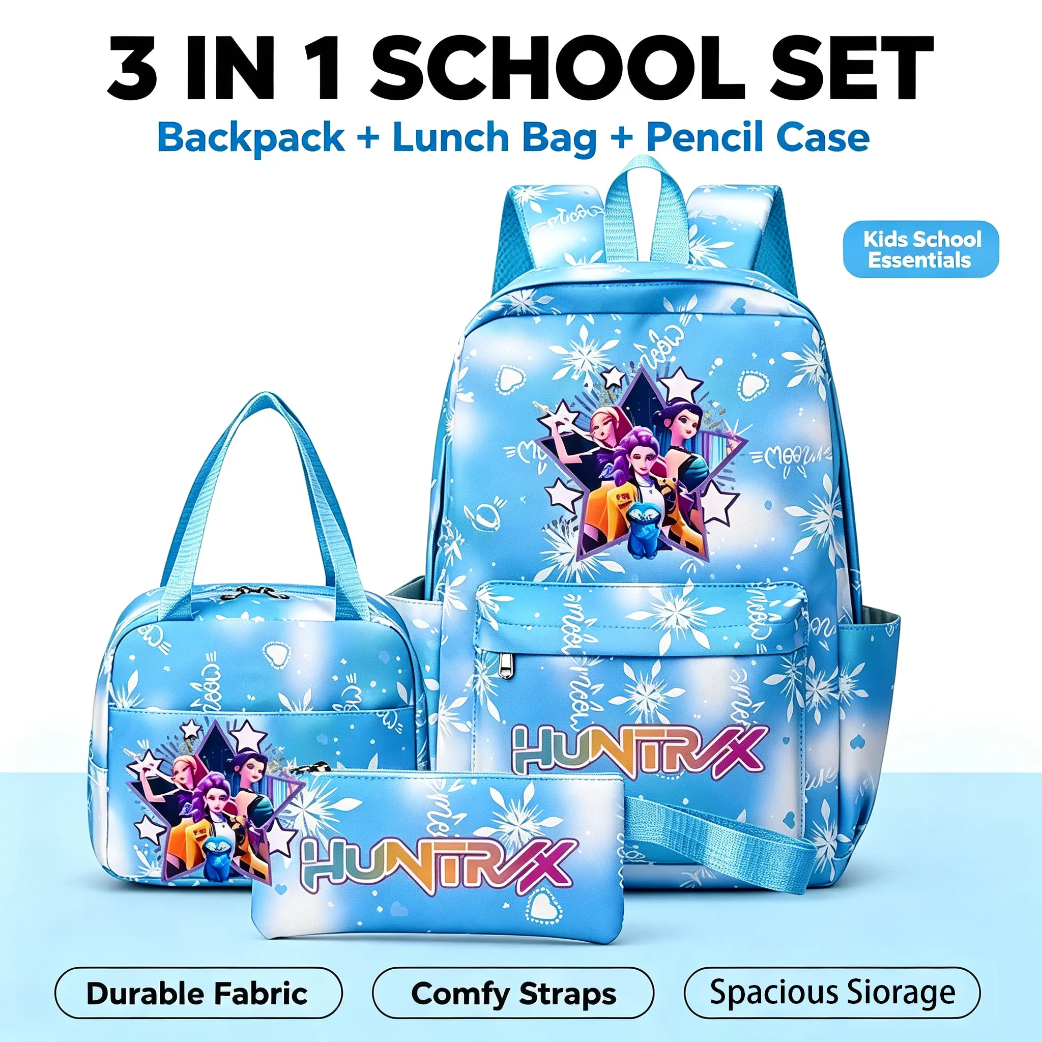 3-in-1 K-Pop Demon Hunter Backpack Set – Back-to-school essential (includes backpack, lunch bag, and pencil case); suitable for school and travel.