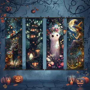 Halloween Hanging Banner, 4 Counts/set Witch & Ghost Pattern Wall Art, Wall Decor for Home Living Room Bedroom, Vanity Decor Accessories, House Decor
