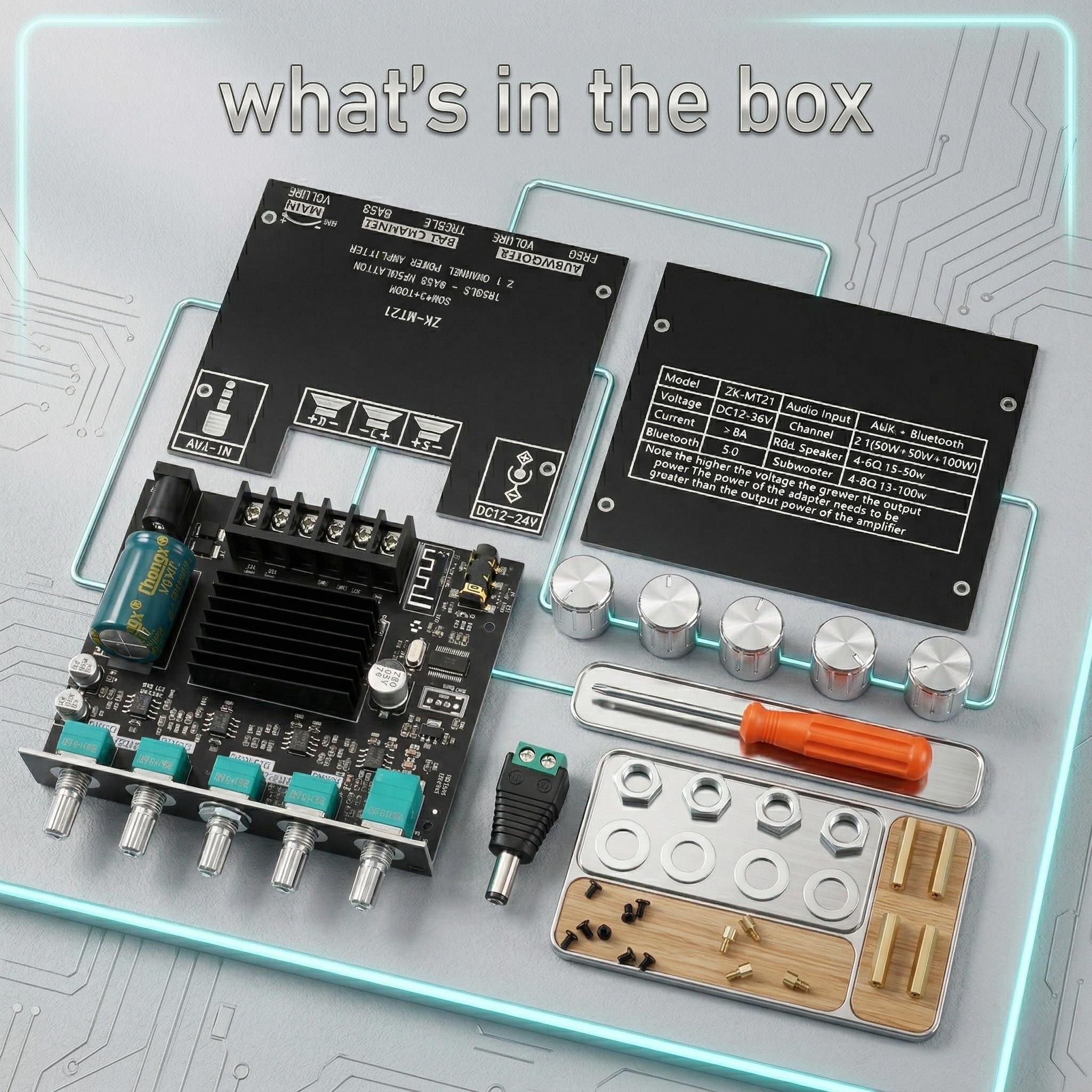 ZK-MT21 Bluetooth 5.0 Audio Amplifier Board 2.1 Channel 50W×2+100W Mini Subwoofer Power Amp HiFi Digital Audio Amp Module for Home Speakers 20-100W 4-8Ω DC 12-24V BT AUX Input