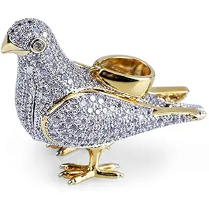 Iced Out Pigeon Pendant Necklace, 14K Gold Plated Mens Hip Hop Jewelry, Hand-Set CZ Diamond Animal Charm with 24 Inch Rope Chain