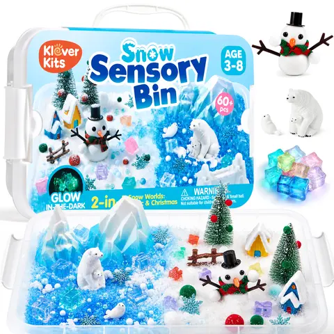 JOVA Klover Kits Snow Sensory Bin for Kids - 60+ Pcs 2-in-1 Arctic & Christmas Winter Sensory Kit with Glow-in-The-Dark Stones, Moldable Sand, Water Snow, Air Dry Clay - Sensory Play Toys for Ages 3-8