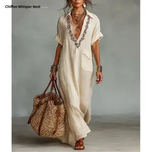 New loose-fitting women's embroidered pocket casual collared dress