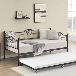 Twin Daybed with Trundle, Metal Day Bed Twin Size with Steel Slat Support, Modern Pull Out Day Bed Frame for Kids Room, Living Room, Guest Room, No Box Spring Needed (Mattress not included)