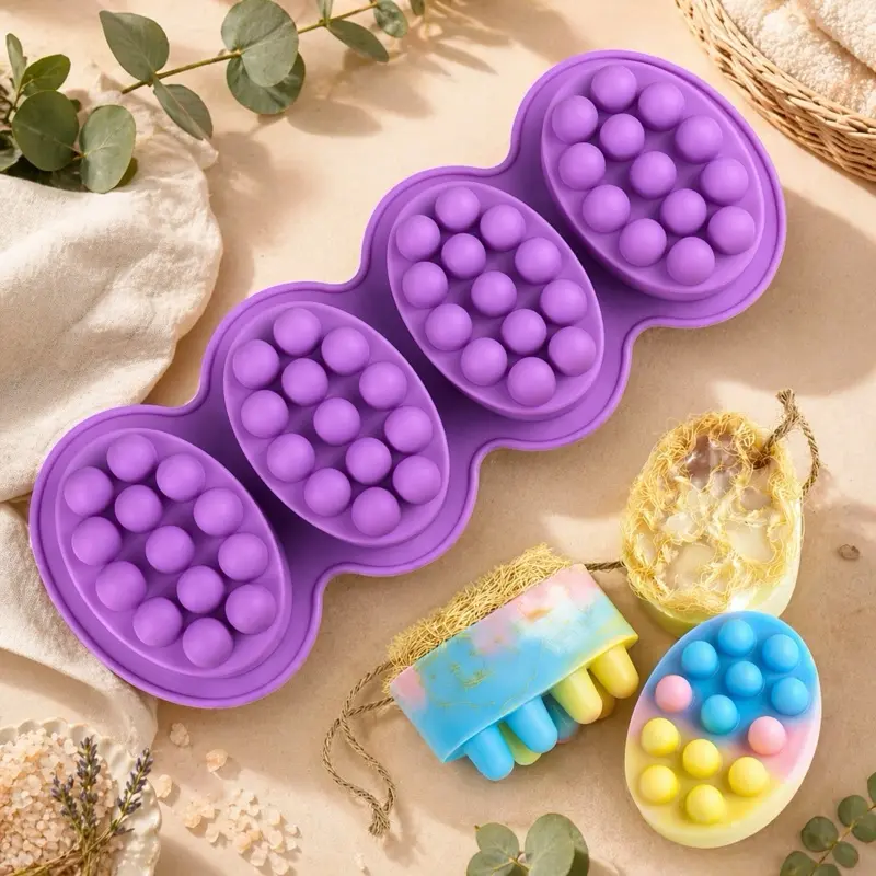 Silicone Massage Soap Mold 4 Cavity Oval Bubble Bar Mold for Handmade Soap Anti Cellulite Body Soap DIY Melt and Pour Soap Making Supplies