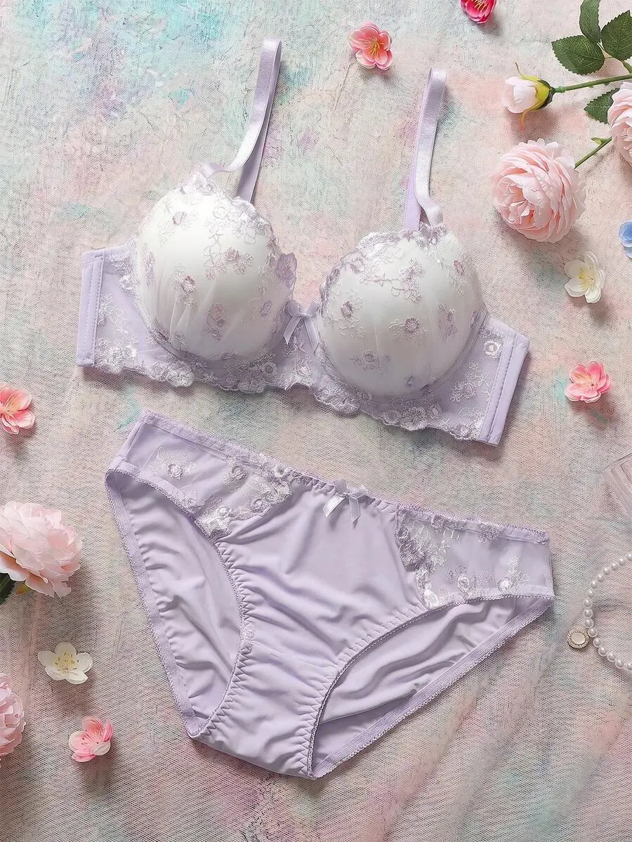2pcs Embroidered Floral Underwire Molded Cup Push Up Gathered Balconette Cute Romantic Backless Bow Babydoll Lingerie Set Women Purple Summer