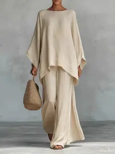 Women's Simple Linen Two-Piece Set, Batwing Sleeve Top, Asymmetrical Hem, High-Waisted Wide-Leg Pants, Casual Loose-Fitting Style