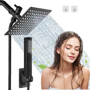 Bathroom Accessories High Pressure Shower Head Set for Fall Gift,1 Set 6/8"  Square Rain & 2-in-1 Hand Shower,Equipped with 75"Hose, 3 Way Diverter Valve,Adhesive Shower Head Holder,Wrench-free installation