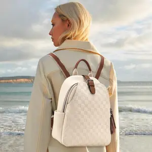 Small Backpack Purse For Women Cute PU Leather Backpack Plaid Laptop Backpack For Ladies Travel, School & Work White