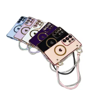 Sparkly Heart Phone Case for Samsung S26 Ultra.Stylish electroplated love heart design with a trendy twisty lanyard.Durable shockproof shell for Samsung S25 and S24.Add a touch of Y2K bling to your Galaxy phone.