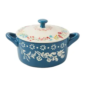 Fancy Flourish Round Ceramic Mini Casserole Dish with Lid