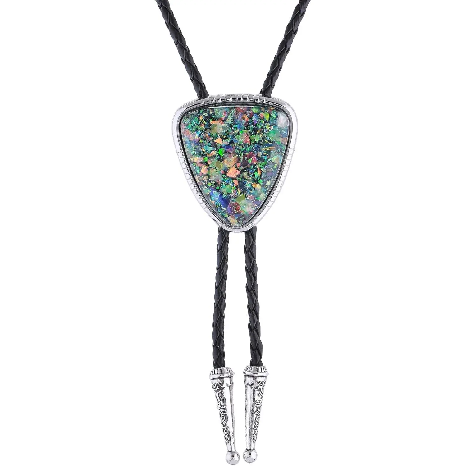 Triangular Agate Gem Bolo Tie on a Braided Leather Cord, Western Tie Design for Men & Women with Adjustable Slide for Weddings & Rodeo Events, Snug, Unique Gift, Handcrafted, Casual, Sliding Clasp, Translucent