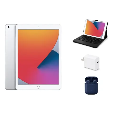 Refurbished 10.2" iPad 8th Gen 32GB Wi-Fi Silver (Excellent Condition) - Aluminium Build, Fast Chip, Fingerprint Sensor, ZAGG Rugged Pro Connect Bluetooth Keyboard Case, InPod Headphones, Charger, Protection Features