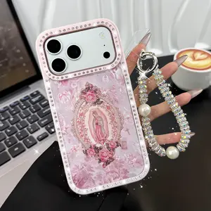 Pink Virgin Mary Rhinestone Case + Pearl Wristlet for iPhone 17 Pro Max 16 15 Plus 14 13 12 Pro 11, Guadalupe Our Lady phone case ,Rhinestone Camera Ring, Shockproof Cover ,Unique Religious Art Aesthetic Cute ,Perfect Gift for Her.