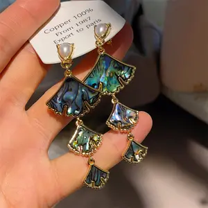 Unique design, handcrafted natural colored abalone shell long earrings with S925 silver pins, vintage ginkgo leaf elegant earrings