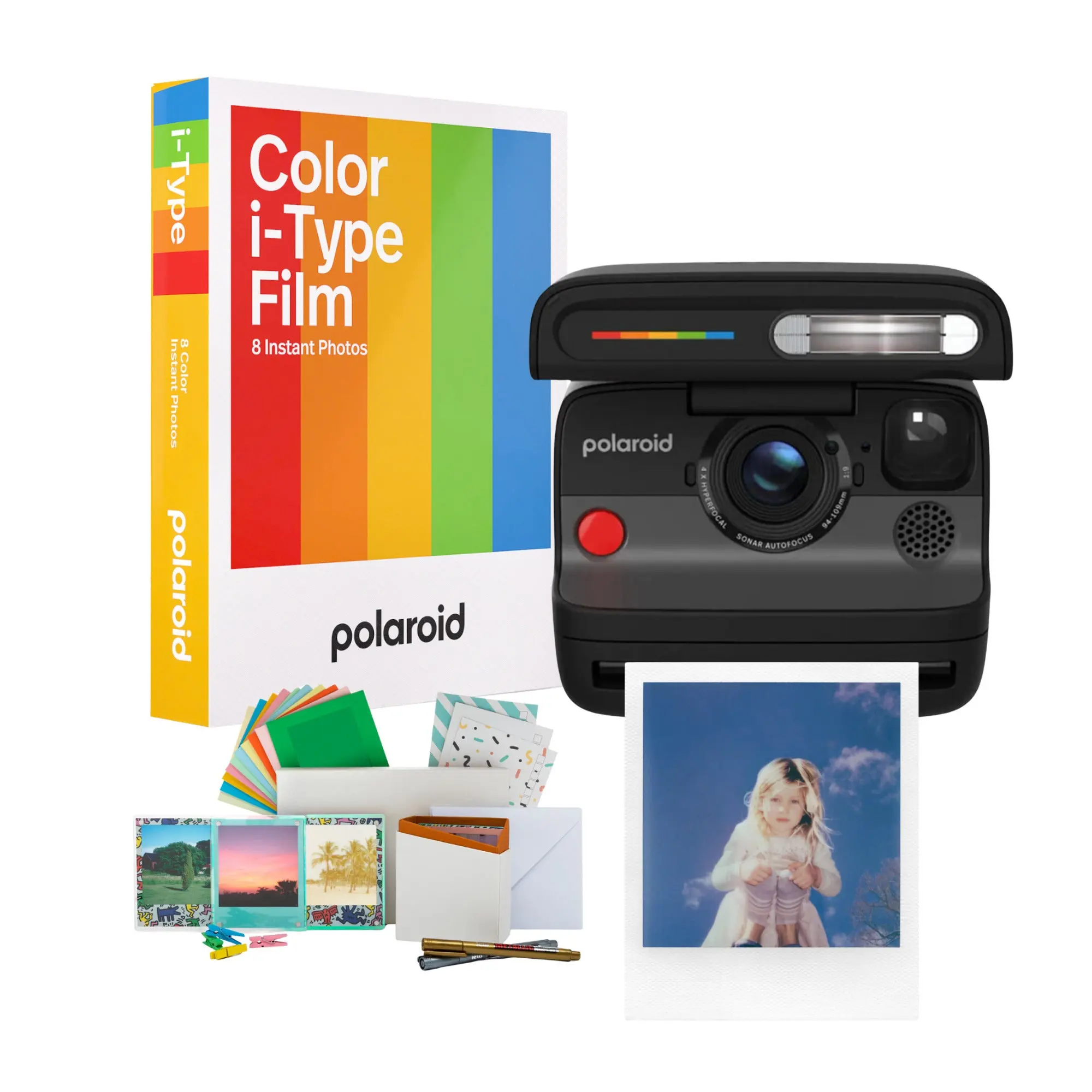 Retro Polaroid Flip Instant Camera (Black) - Compact, Colorful Square Lens, Automatic Function, Flash, Double Exposure, Timer, I-Type Color Film & Film Kit